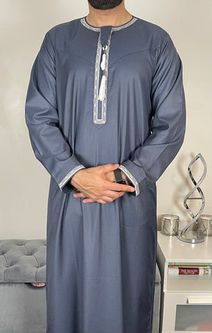 Premium Men’s Stone Blue Omani Embroidered Thobe