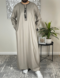 Premium Beige Men’s Black Embroidered Omani Thobe