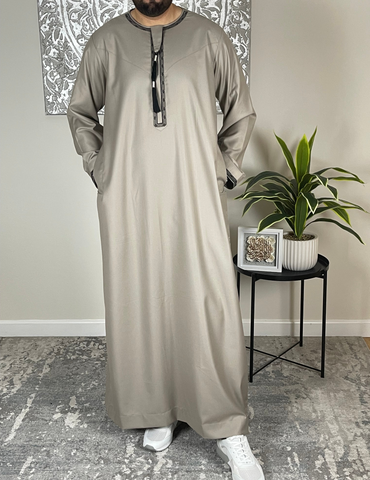 Premium Beige Men’s Black Embroidered Omani Thobe