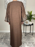 Brown Open Linen Abaya with Embroidered Sleeves