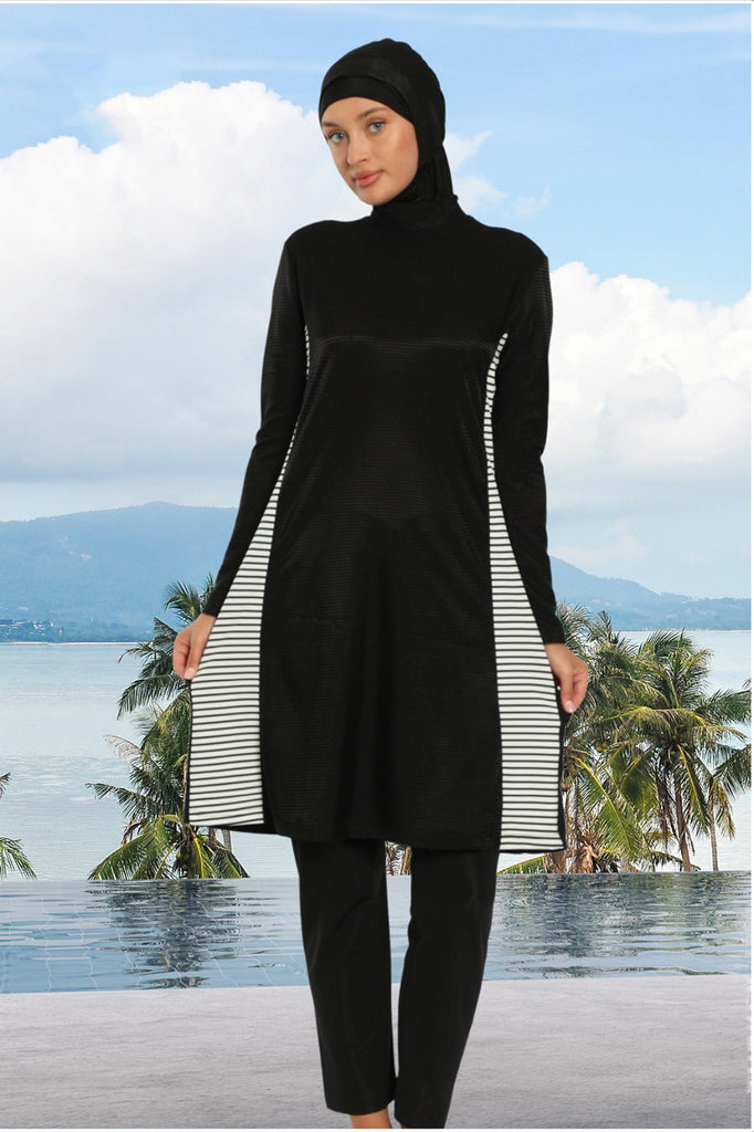 BLACK AND WHITE STRIPE MODEST SWIMWEAR – AWRAH CLOTHING